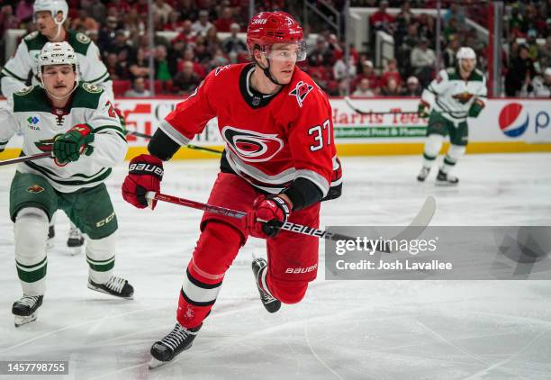 Andrei Svechnikov of the Carolina Hurricanes skates during the third period against the Minnesota Wild at PNC Arena on January 19, 2023 in Raleigh,...