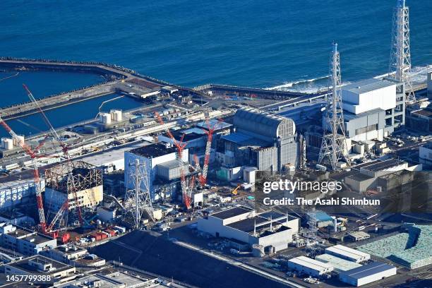 In this aerial image, damaged reactors are seen at Tokyo Electric Power Co 's Fukushima Daiichi Nuclear Power Plant on January 19, 2023 in Okuma,...