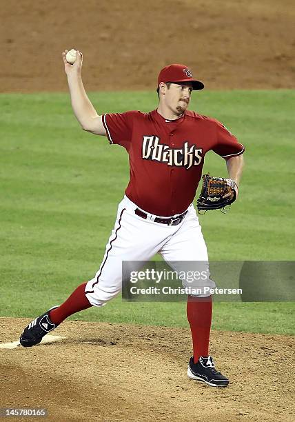 Relief pitcher Bryan Shaw of the Arizona Diamondbacks pitches against the Milwaukee Brewers during the MLB game at Chase Field on May 27, 2012 in...