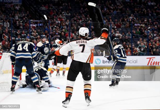 Jayson Megna of the Anaheim Ducks celebrates a goal by Max Jones during the third period against the Columbus Blue Jackets at Nationwide Arena on...