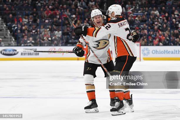 Trevor Zegras of the Anaheim Ducks celebrates his goal with Kevin Shattenkirk during the third period against the Columbus Blue Jackets at Nationwide...