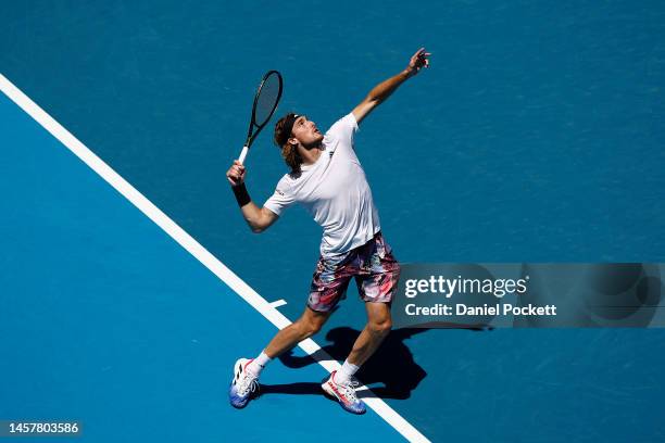 Stefanos Tsitsipas of Greece serves during the third round singles match against Tallon Griekspoor of the Netherlands during day five of the 2023...