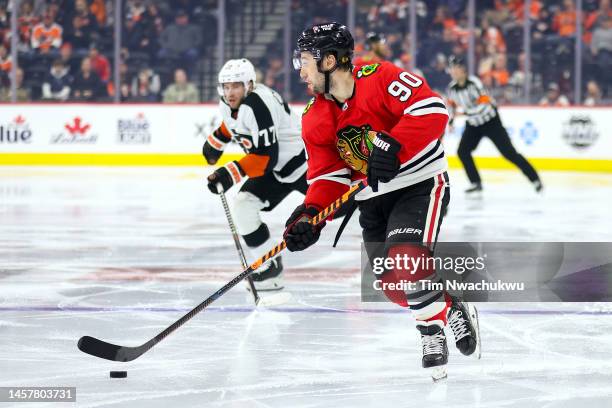 Tyler Johnson of the Chicago Blackhawks skates with the puck during the third period against the Philadelphia Flyers at Wells Fargo Center on January...