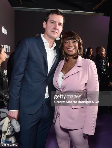 Mikkel Nørgaard and Nichelle Tramble Spellman attend the season 3 premiere of Apple TV+'s "Truth Be Told" at Pacific Design Center on January 19,...