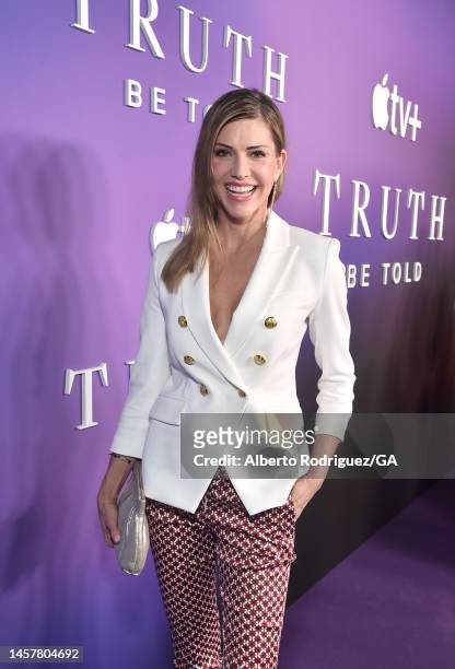 Tricia Helfer attends the season 3 premiere of Apple TV+'s "Truth Be Told" at Pacific Design Center on January 19, 2023 in West Hollywood, California.
