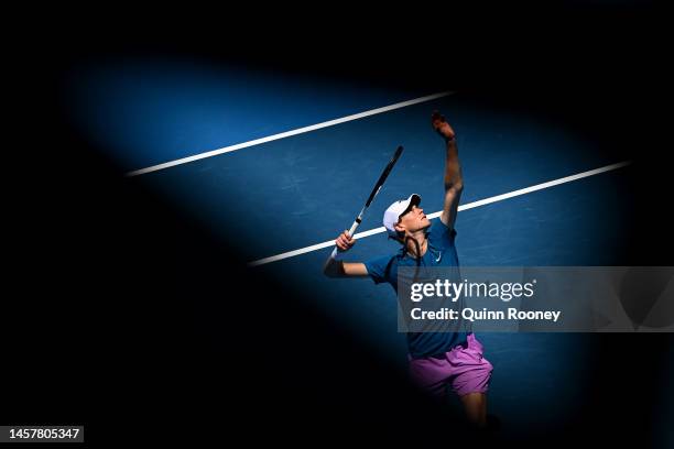 Jannik Sinner of Italy serves during the third round singles match against Marton Fucsovics of Hungary during day five of the 2023 Australian Open at...