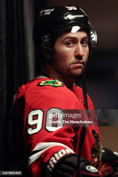 Tyler Johnson of the Chicago Blackhawks looks on before playing against the Philadelphia Flyers at Wells Fargo Center on January 19, 2023 in...