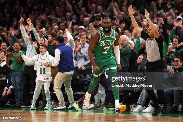 Jaylen Brown of the Boston Celtics celebrates after scoring against the Golden State Warriors during the fourth quarter at TD Garden on January 19,...