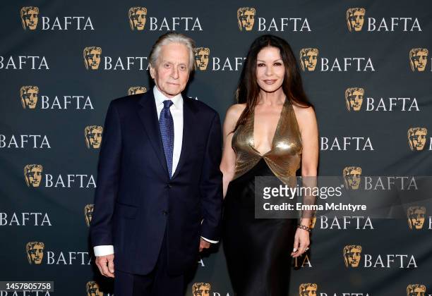Michael Douglas and Catherine Zeta-Jones attend the BAFTA Annual Burns Bash at the Fairmont Miramar Hotel and Bungalows on January 19, 2023 in Santa...