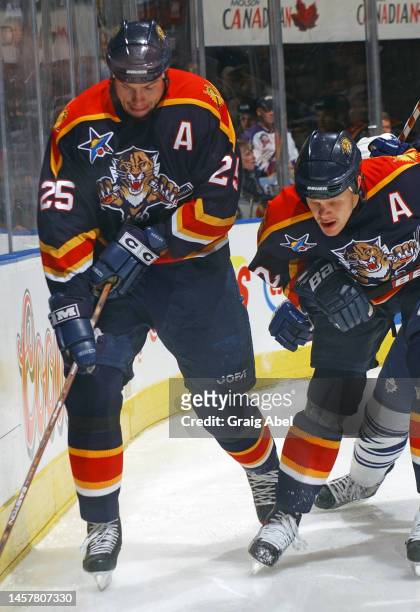 Viktor Kozlov and Olli Jokinen of the Florida Panthers skate against the Toronto Maple Leafs during NHL game action on March 3, 2003 at Air Canada...