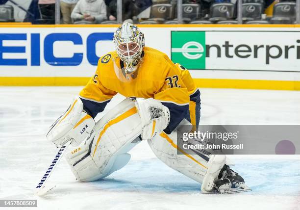 Kevin Lankinen of the Nashville Predators tends net against the Columbus Blue Jackets during an NHL game at Bridgestone Arena on January 17, 2023 in...