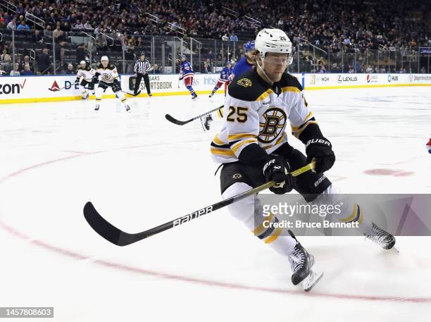 Brandon Carlo of the Boston Bruins skates against the New York Rangers at Madison Square Garden on January 19, 2023 in New York City. The Bruins...