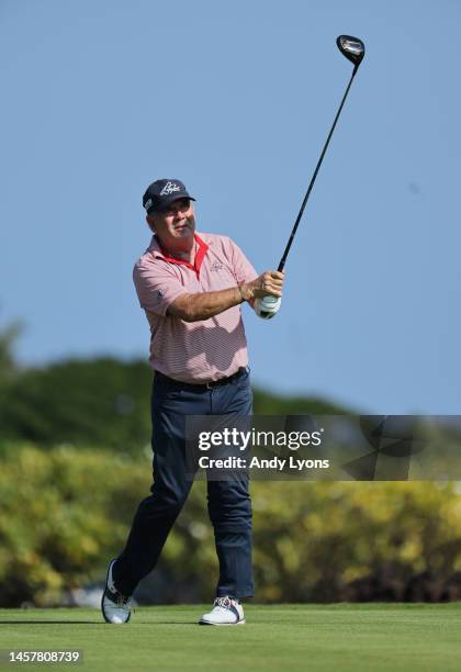 David Frost hits his tee shot on the second hole during the first round of the Mitsubishi Electric Championship at Hualalai at Hualalai Golf Club on...