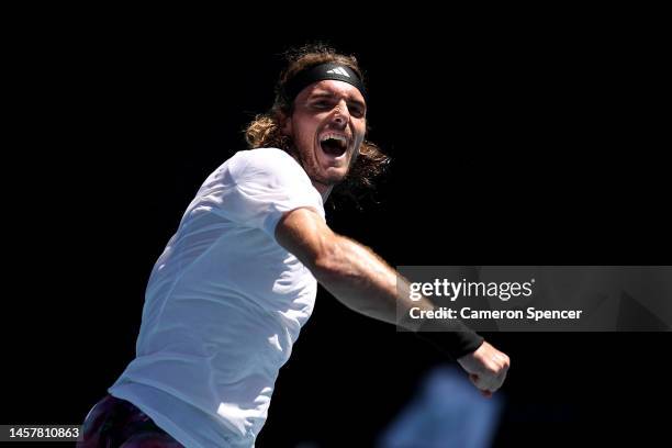 Stefanos Tsitsipas of Greece celebrates match point during the third round singles match against during the third round singles match against Tallon...