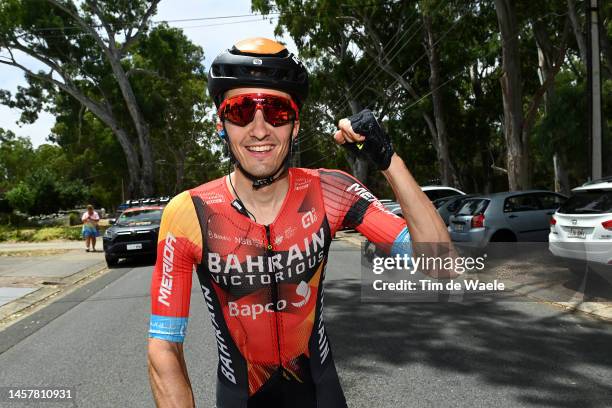 Pello Bilbao Lopez de Armentia of Spain and Team Bahrain Victorious celebrates at finish line as stage winner during the 23rd Santos Tour Down Under...