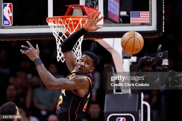 Deandre Ayton of the Phoenix Suns misses a rebound during the first half against the Brooklyn Nets at Footprint Center on January 19, 2023 in...