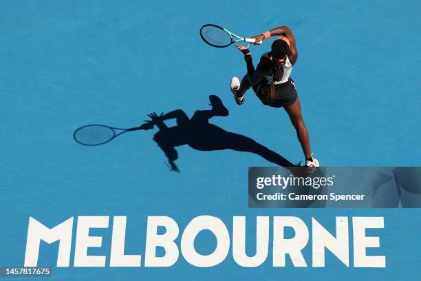 Coco Gauff of the United States plays a forehand during the third round singles match against Bernarda Pera of the United States during day five of...