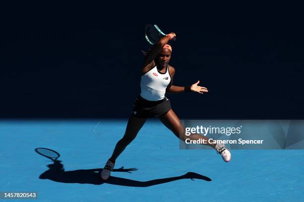 Coco Gauff of the United States plays a forehand during the third round singles match against Bernarda Pera of the United States during day five of...