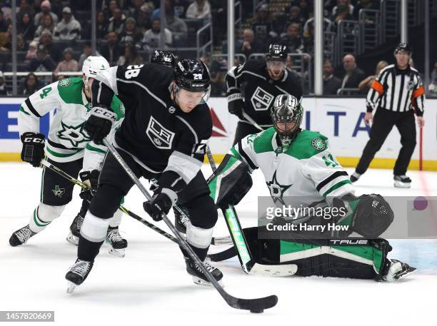 Jaret Anderson-Dolan of the Los Angeles Kings attempts a shot in front of Scott Wedgewood of the Dallas Stars during the second period at Crypto.com...