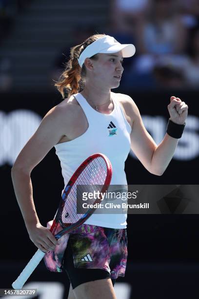 Elena Rybakina of Kazakhstan reacts during the third round singles match against Danielle Collins of the United States during day five of the 2023...