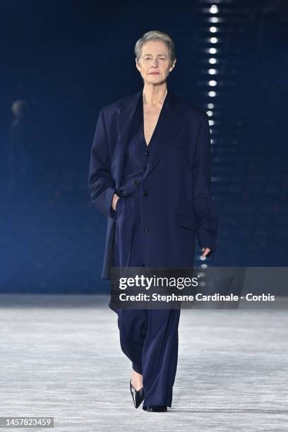 Actress Charlotte Ramplin walks the runway during the AMI - Alexandre Mattiussi Menswear Fall-Winter 2023-2024 show as part of Paris Fashion Week on...