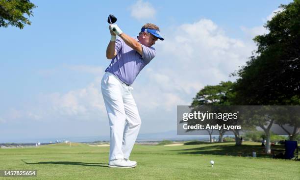 Paul Broadhurst of England hits his tee shot on the 10th hole during the first round of the Mitsubishi Electric Championship at Hualalai at Hualalai...