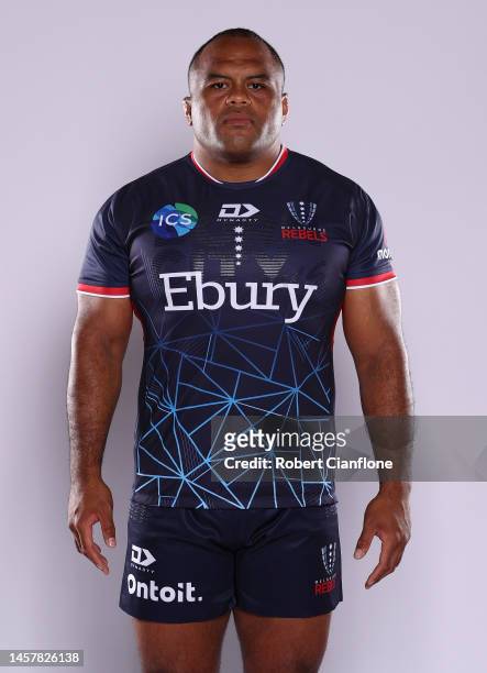 Sam Talakai of the Rebels poses during the Melbourne Rebels headshot session on January 18, 2023 in Melbourne, Australia.