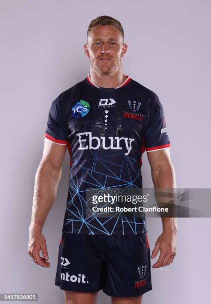 Reece Hodge of the Rebels poses during the Melbourne Rebels headshot session on January 18, 2023 in Melbourne, Australia.