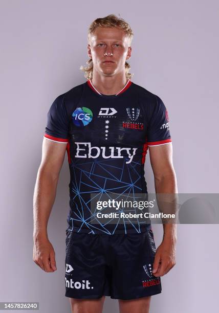 Carter Gordon of the Rebels poses during the Melbourne Rebels headshot session on January 18, 2023 in Melbourne, Australia.