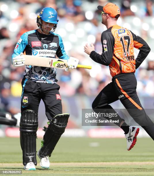 Alex Carey of the Strikers out for 1 run. Bowled Peter Hatzoglou of the Scorchers and caught Cameron Bancroft of the Scorchers during the Men's Big...