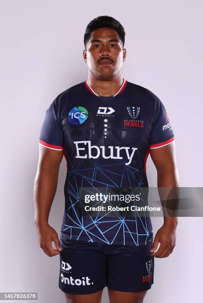 Alex Mafi of the Rebels poses during the Melbourne Rebels headshot session on January 18, 2023 in Melbourne, Australia.