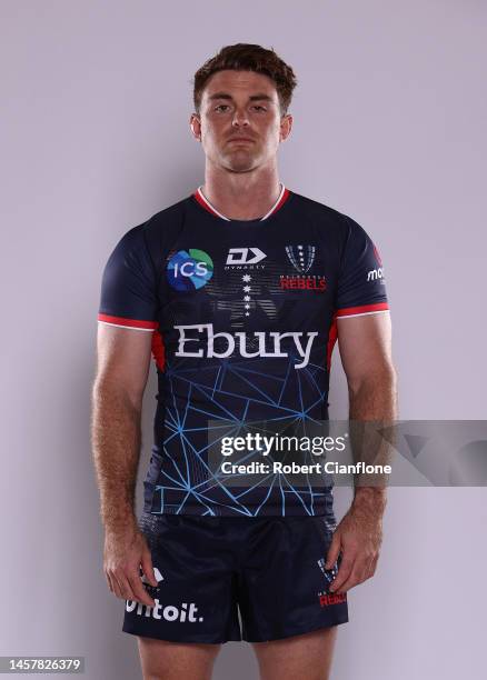 Andrew Kellaway of the Rebels poses during the Melbourne Rebels headshot session on January 18, 2023 in Melbourne, Australia.