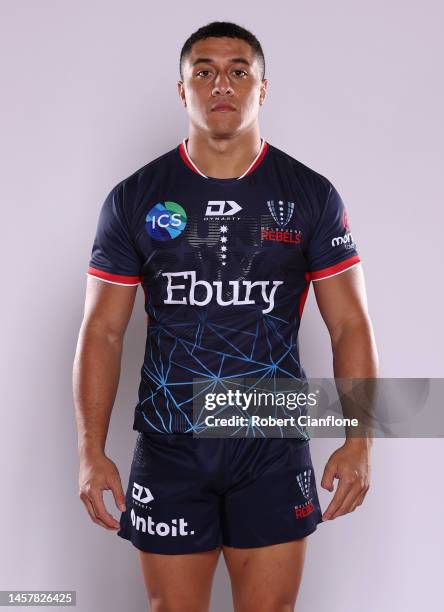 Glen Vaihu of the Rebels poses during the Melbourne Rebels headshot session on January 18, 2023 in Melbourne, Australia.