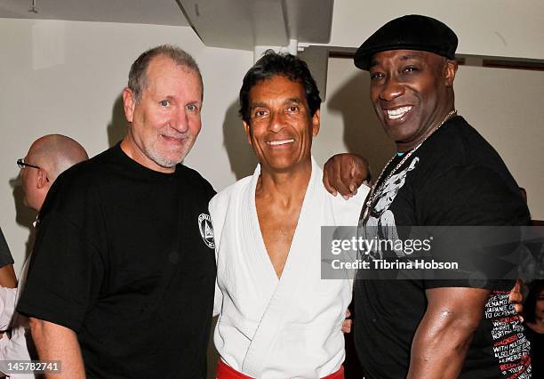 Ed O'Neill, Rorion Gracie and Michael Clarke Duncan attend Gracie Academy Beverly Hills opening and ribbon cutting ceremony at Gracie Academy on June...