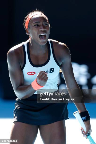 Coco Gauff of the United States celebrates match point during the third round singles match against Bernarda Pera of the United States during day...