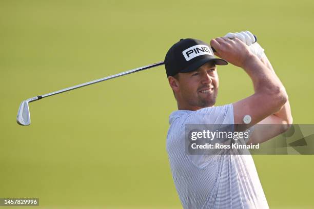 Victor Perez of France plays his second shot on the eleventh hole during day two of the Abu Dhabi HSBC Championship at Yas Links Golf Course on...