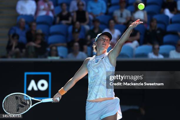 Cristina Bucsa of Spain serves during the third round singles match against during the third round singles match against Iga Swiatek of Poland during...