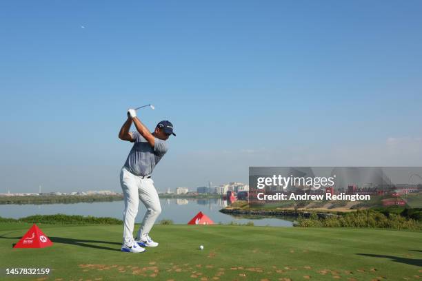 Francesco Molinari of Italy tees off on the seventeenth hole during day two of the Abu Dhabi HSBC Championship at Yas Links Golf Course on January...