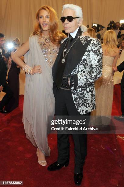 Blake Lively and Karl Lagerfeld attend the Metropolitan Museum of Artâ€™s 2011 Costume Institute Gala featuring the opening of the exhibit Alexander...