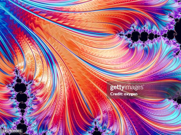 abstract glowing peacock feather swirl yellow purple blue digital fractal art on black backgrounds - pavone foto e immagini stock