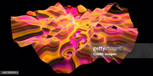 abstract curved wave 3d shape  striped yellow pink rippled transparent ribbon lines isolated on black background. energy streams - protozoo fotografías e imágenes de stock