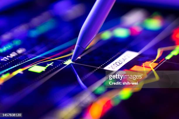 a business person tracking the technical movement of a stock chart on a computer screen. - ecrã de cotações imagens e fotografias de stock