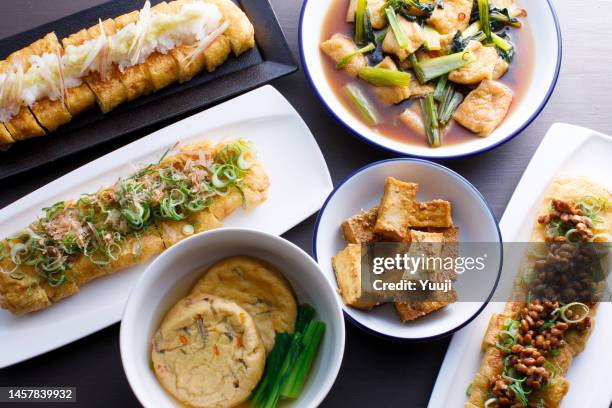 fried tofu and komatsuna, simmered fried bean curd in soup stock, deep-fried tofu with sesame paste and fried tofu from tochigi prefecture - aburaage stockfoto's en -beelden