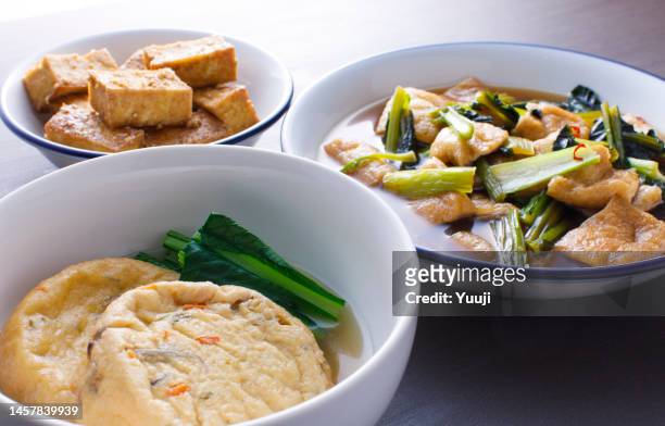 tofu frito cozido e komatsuna, coalhada de feijão frito cozida em caldo de sopa e coalhada de feijão frito grosso com pasta de gergelim - aburaage - fotografias e filmes do acervo