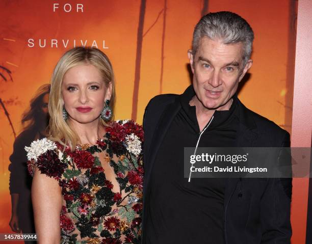 Sarah Michelle Gellar and James Marsters attend the Los Angeles premiere of Paramount+'s "Wolf Pack" at Harmony Gold on January 19, 2023 in Los...