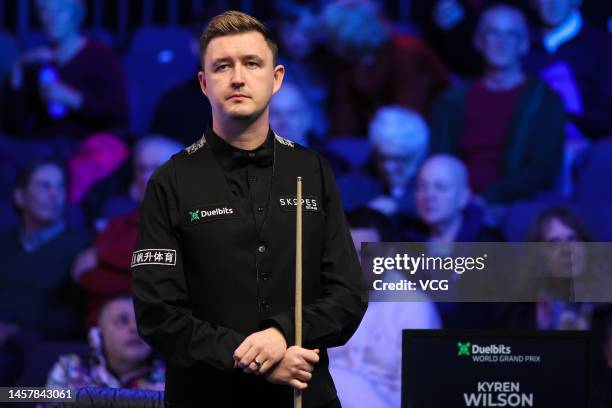 Kyren Wilson of England reacts during the second round match against Shaun Murphy of England on day four of the 2023 Duelbits World Grand Prix at the...