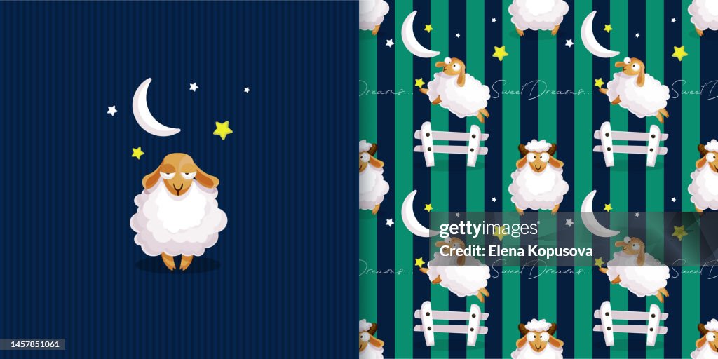 Business Card And Colorful Seamless Background With Cartoon Cute Sleepy  Sheep In Flat Style With Moon And Stars Modern Creative Illustration For App  Website Presentation Or Design High-Res Vector Graphic - Getty