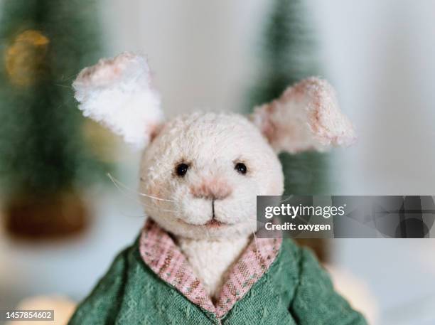 portrait of rabbit bunny teddy bear with green pink clothes - rabbit ears gesture stock pictures, royalty-free photos & images