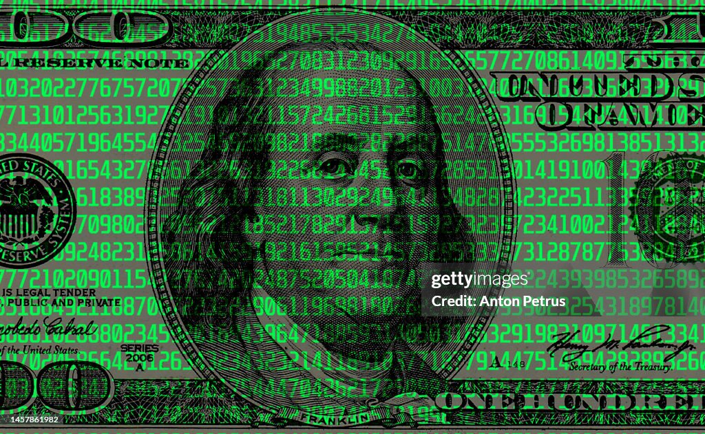 Digital code on the background of a 100 US dollar bill. Hacker attacks