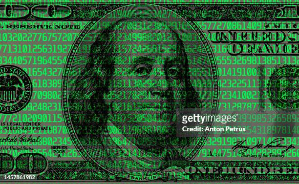 digital code on the background of a 100 us dollar bill. hacker attacks - stealing data stock pictures, royalty-free photos & images